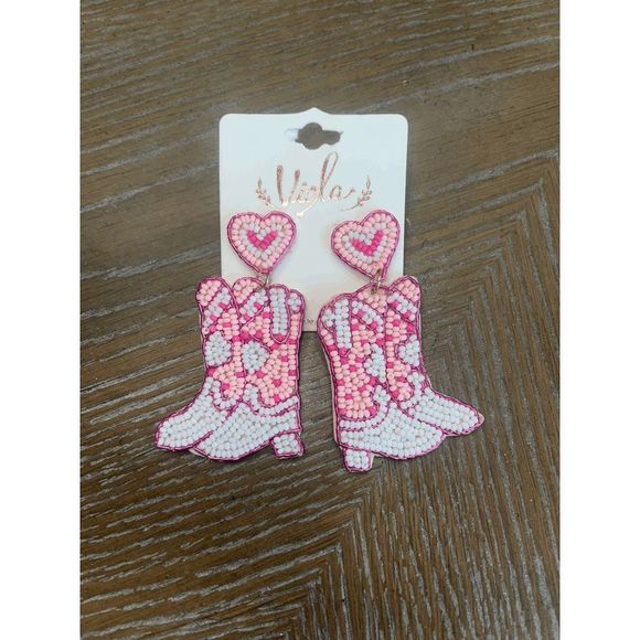 Pretty in Pink Cowgirl Boot Seed Bead Heart Earrings - Picture 3 of 4